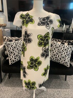 Milly White Shift Dress with Lime Green & Black Floral Print. Size 14